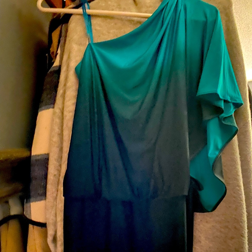Turquoise blue and black one shoulder dress